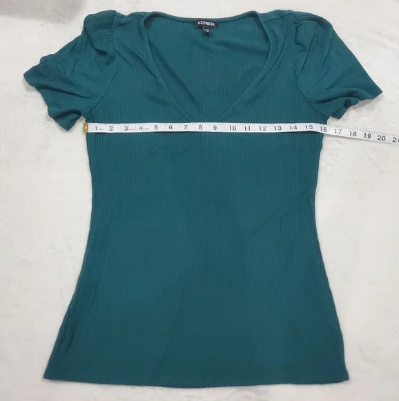 Set Of 3 Tops Express Red/Orange, Black & Green Ribbed V-Neck, Puff Sleeves Med - Picture 3 of 11